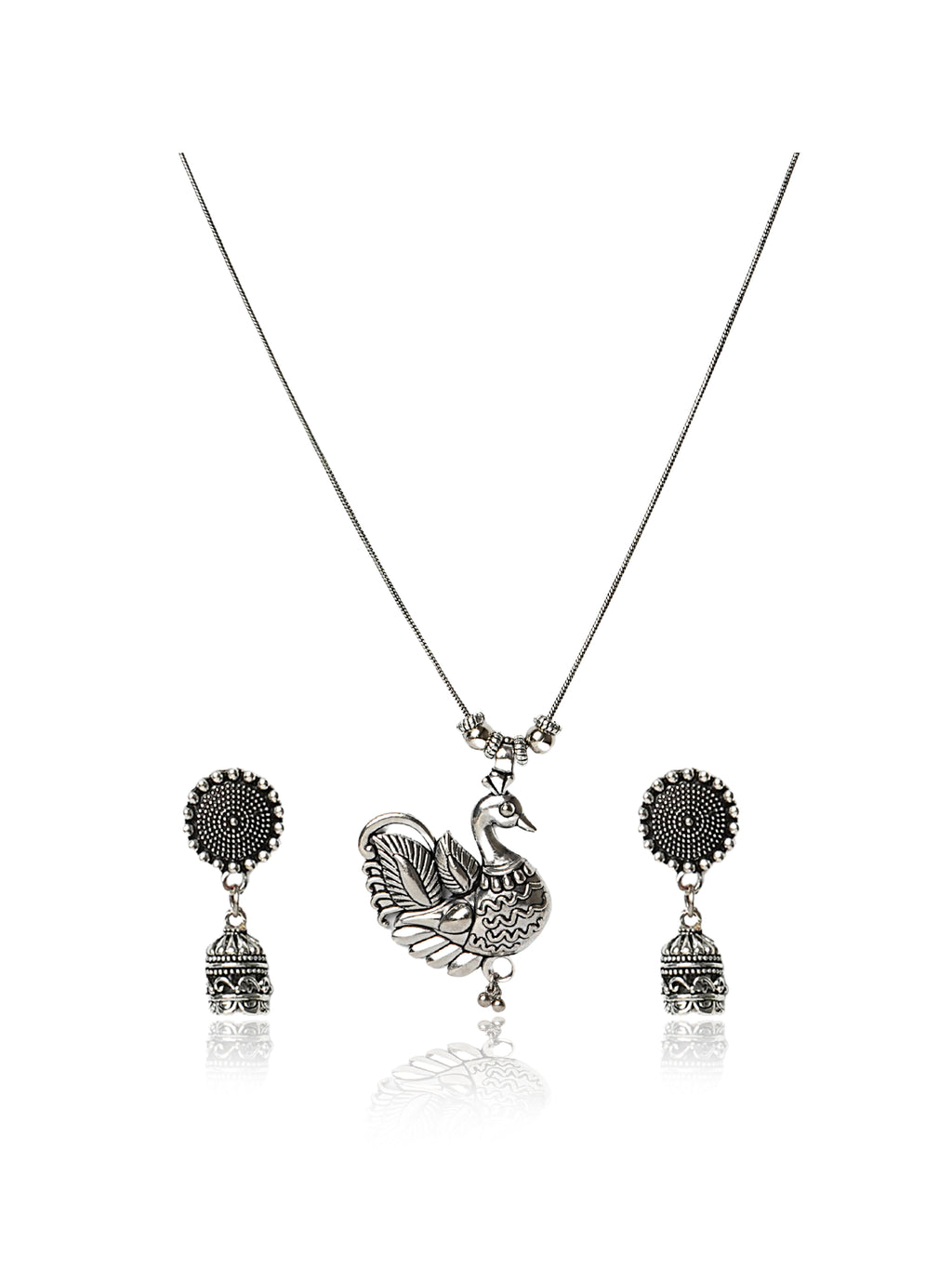 Oxidised silver peacock pendant necklace and earring set