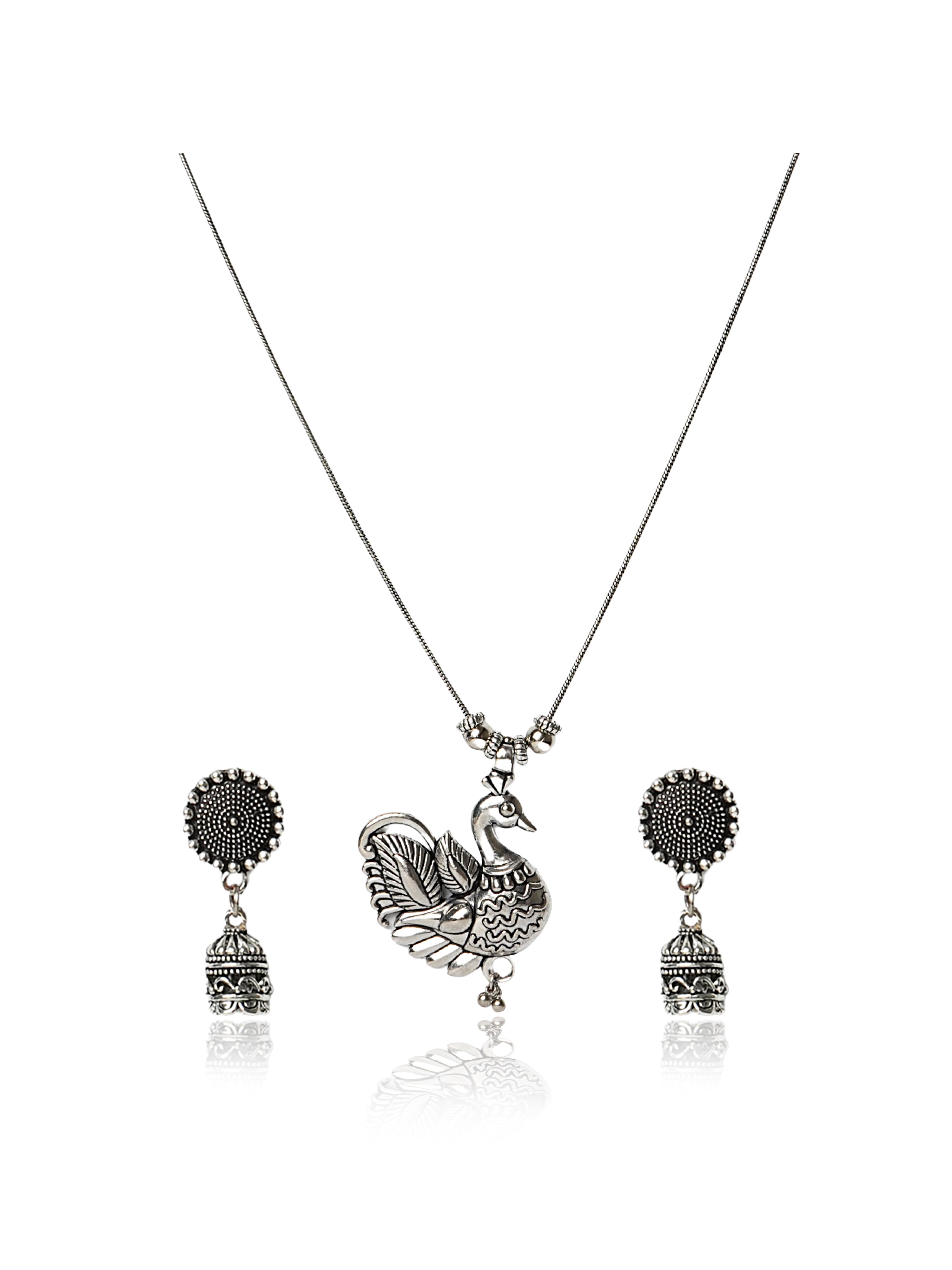 Oxidised silver peacock pendant necklace and earring set