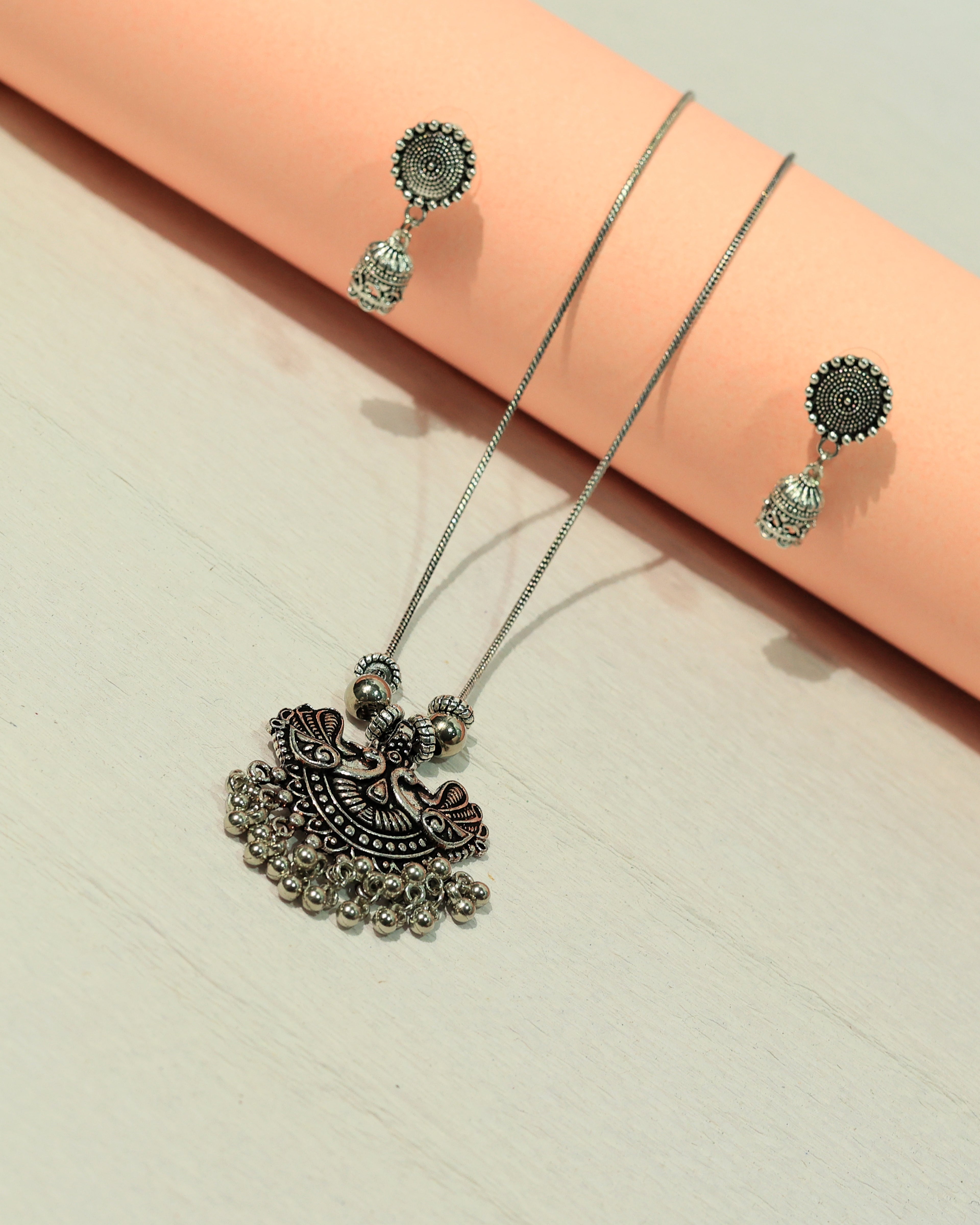 Oxidized Silver Traditional Pendant Necklace & Earring Set
