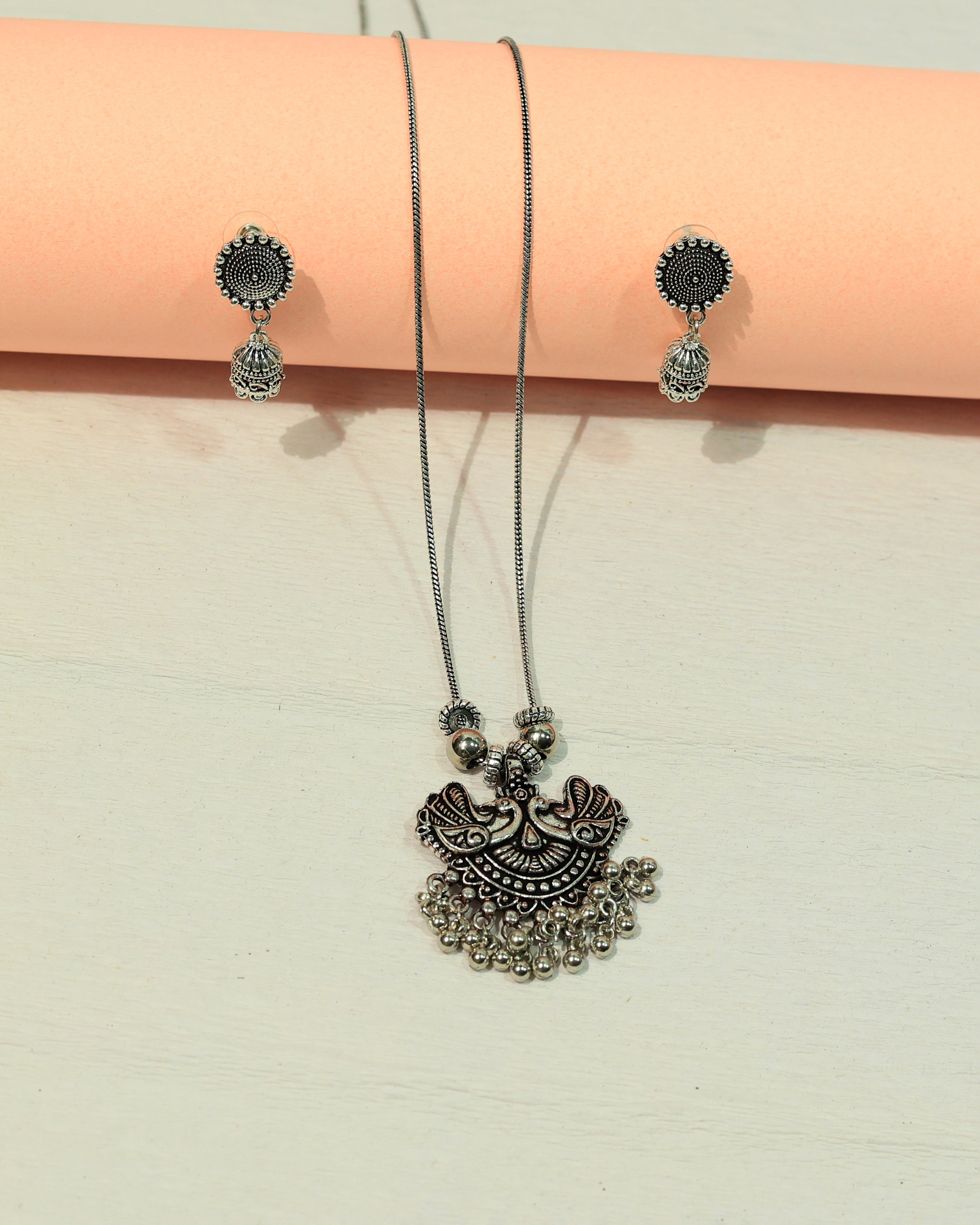 Oxidized Silver Traditional Pendant Necklace & Earring Set