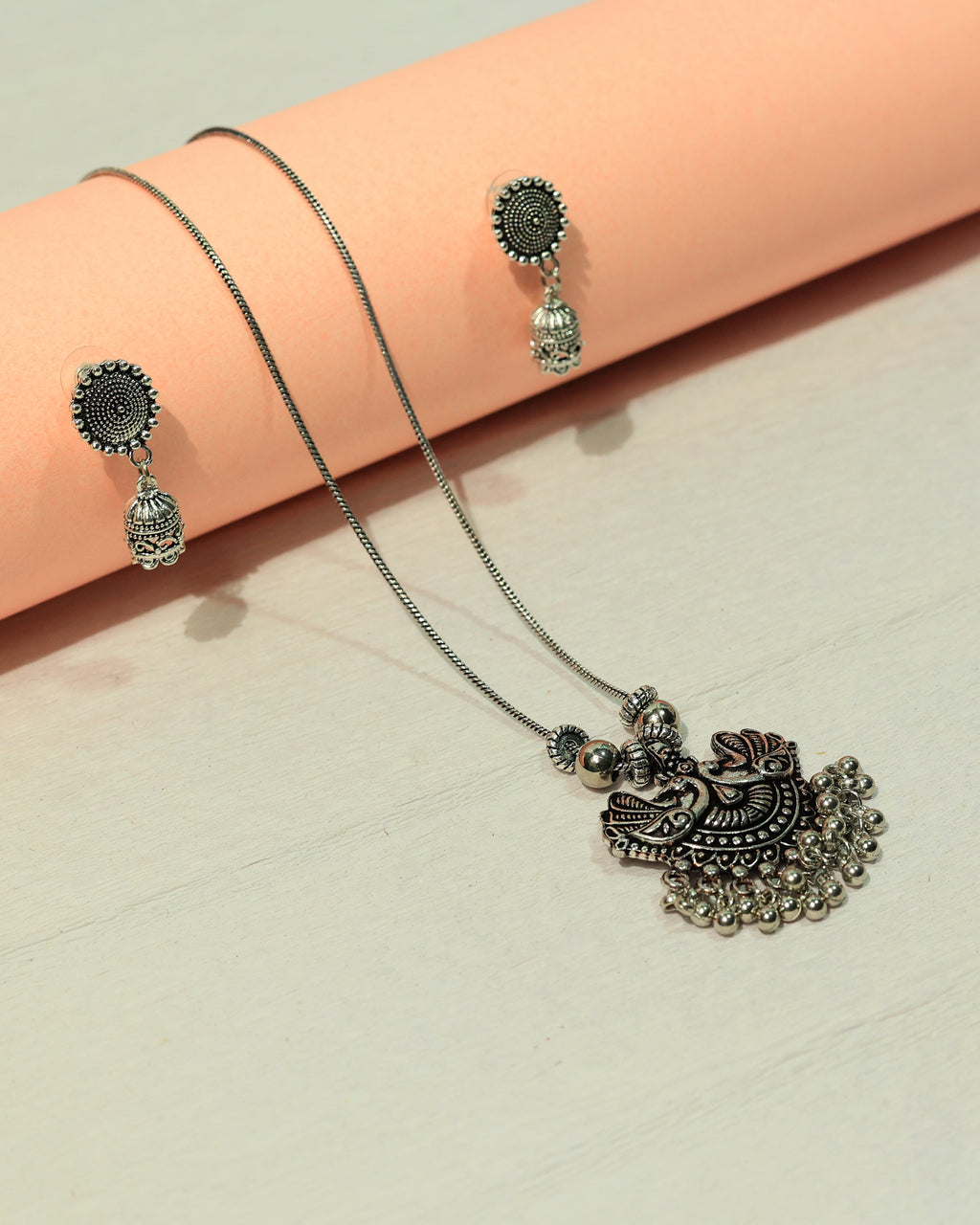 Oxidized Silver Traditional Pendant Necklace & Earring Set