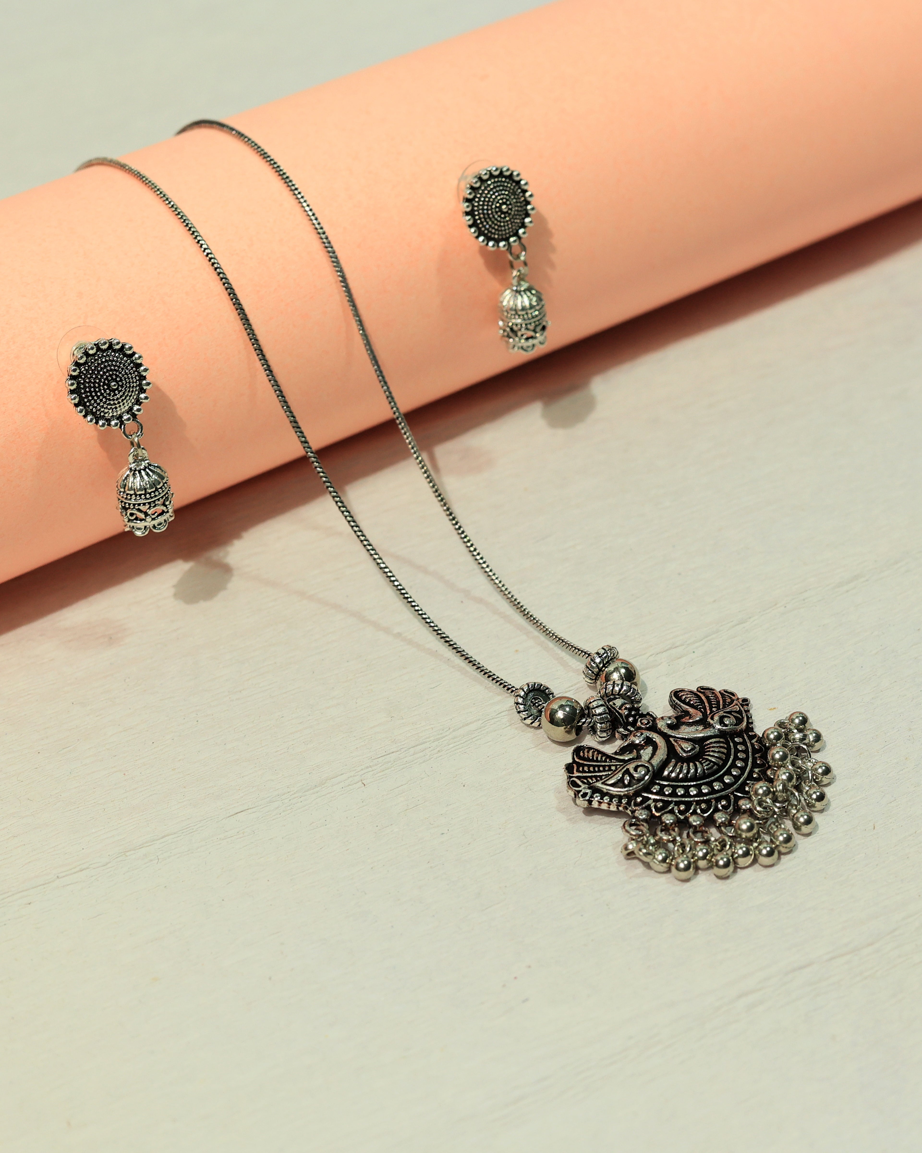 Oxidized Silver Traditional Pendant Necklace & Earring Set