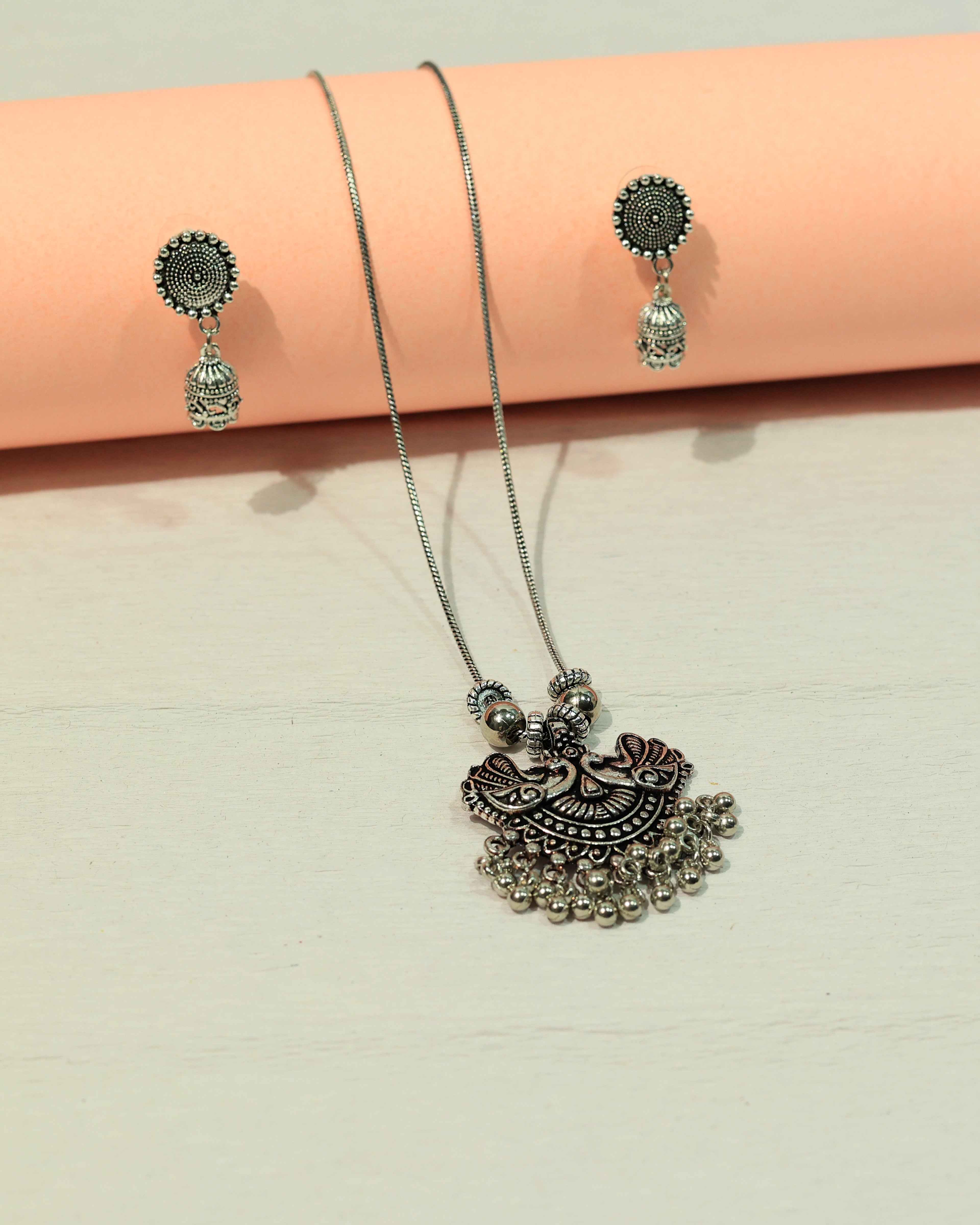 Oxidized Silver Traditional Pendant Necklace & Earring Set
