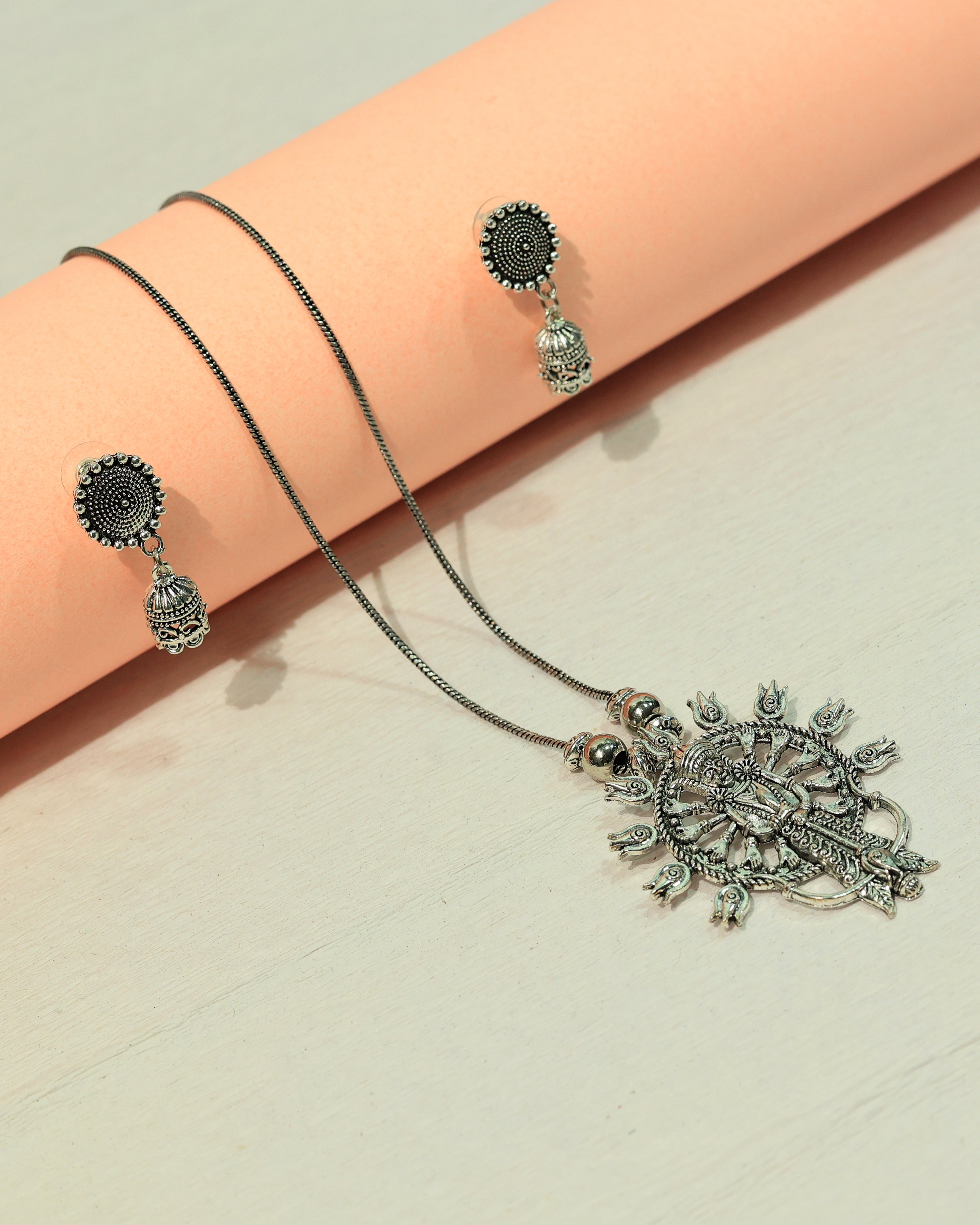 Oxidized Silver Sunburst Statement Necklace & Earring Set