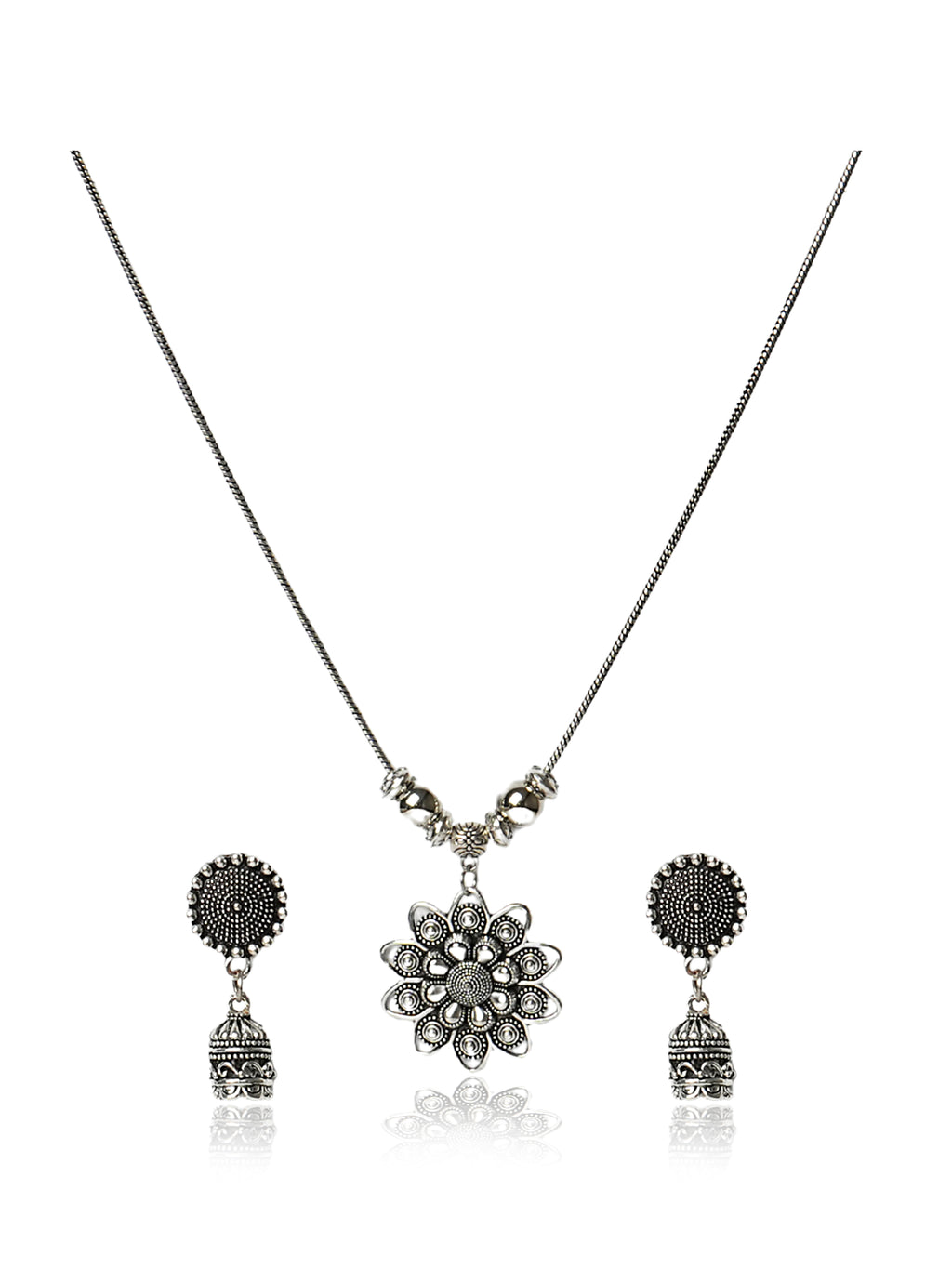 Oxidised silver floral pendant necklace and earring set