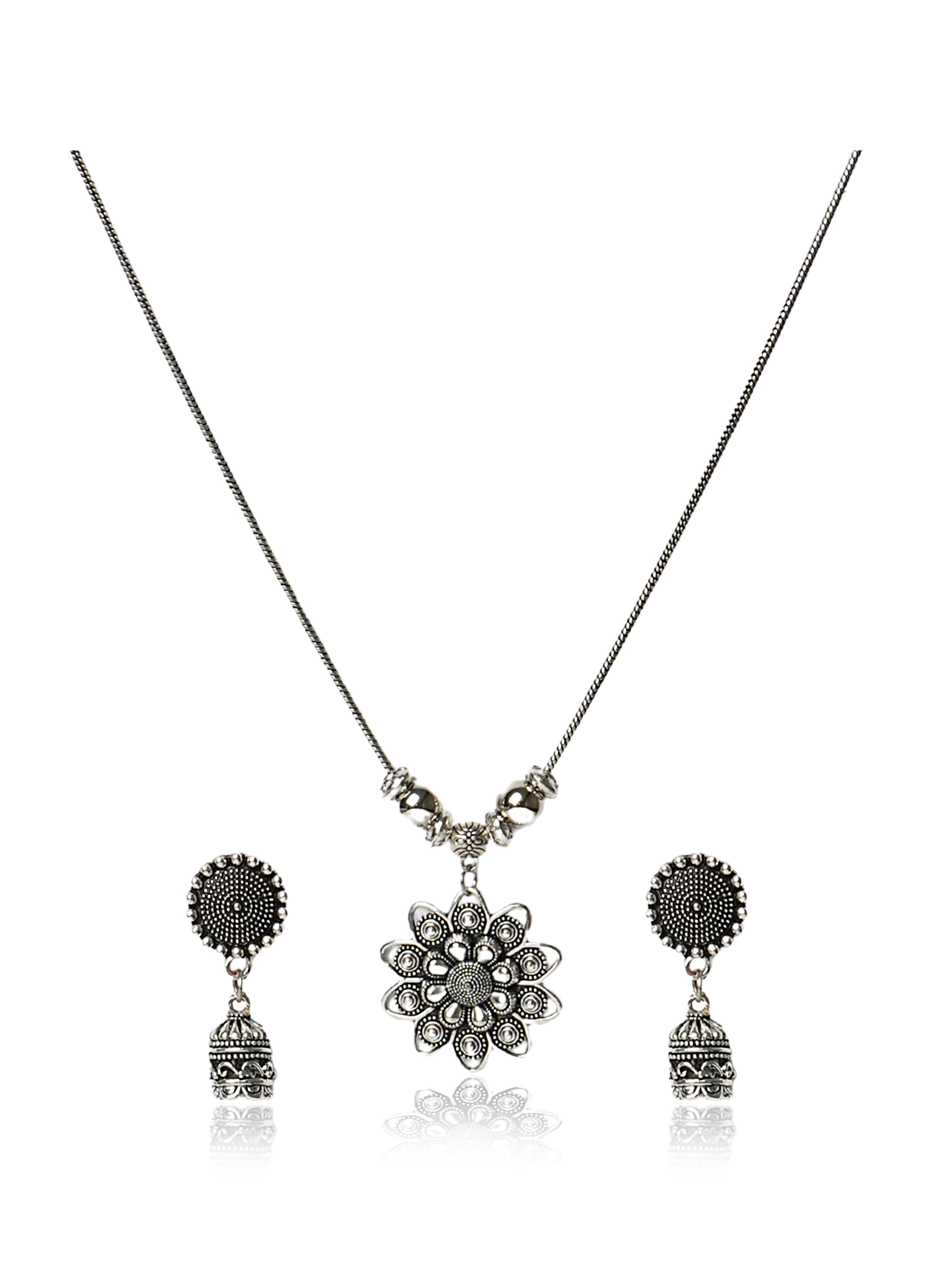 Oxidised silver floral pendant necklace and earring set