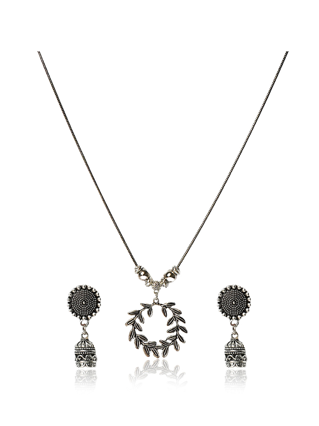 Oxidised silver leaf wreath necklace and earring set
