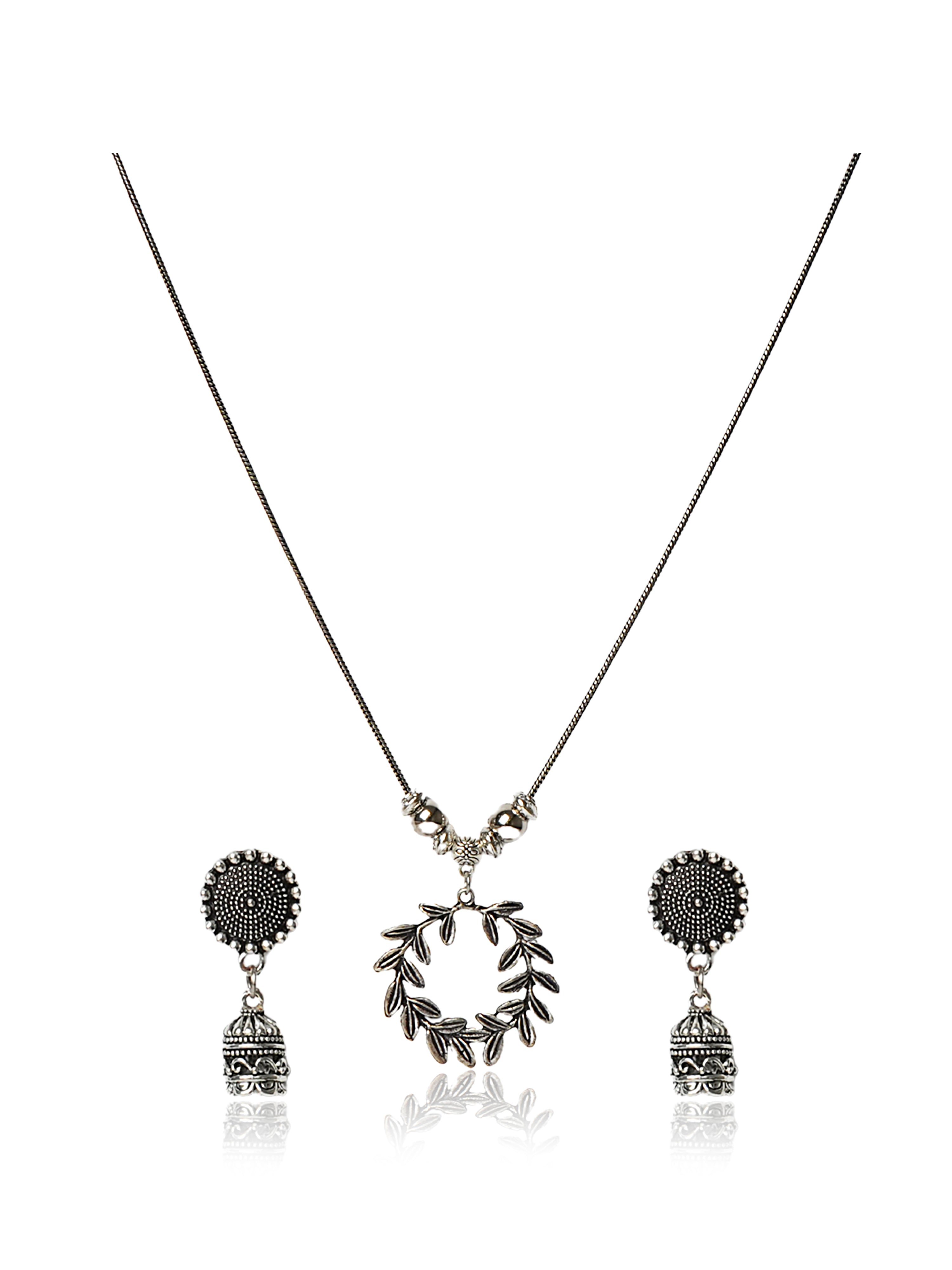 Oxidised silver leaf wreath necklace and earring set