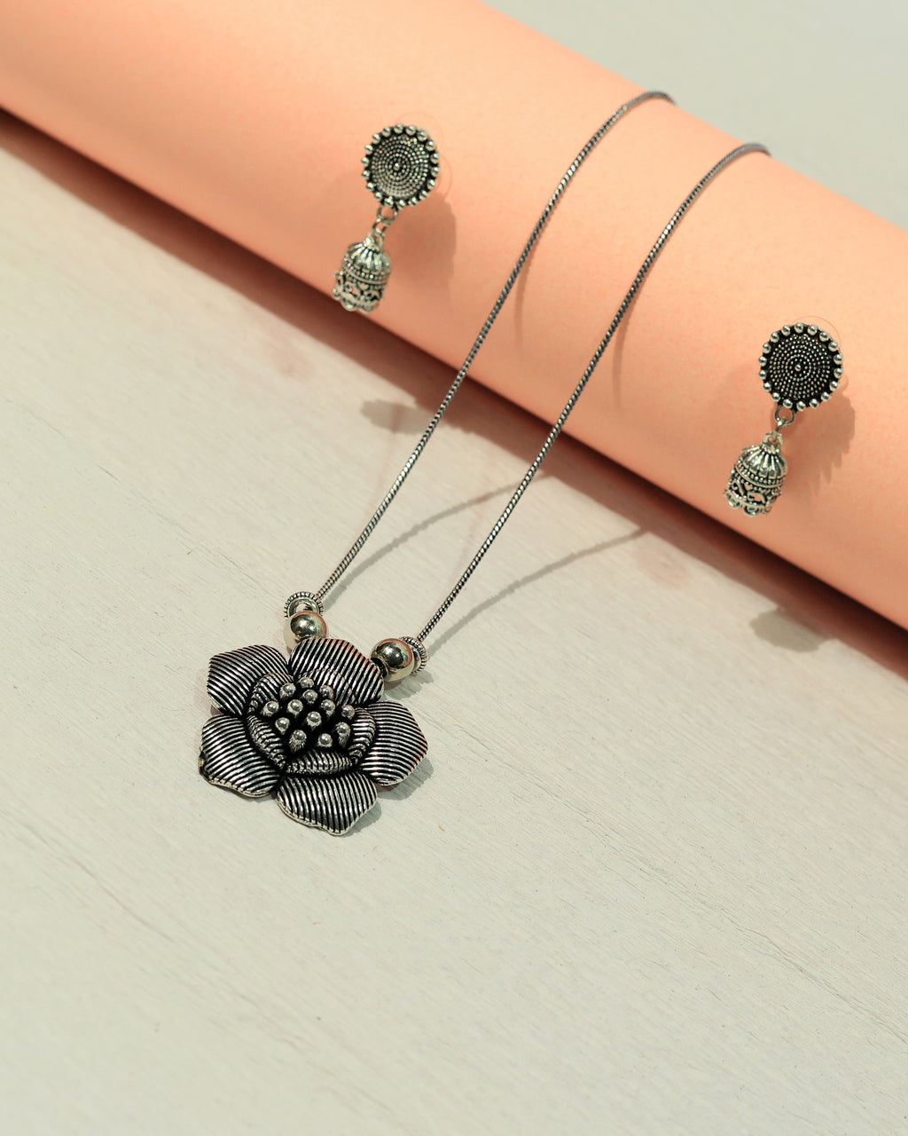 Oxidized Silver Textured Floral Necklace & Earring Set