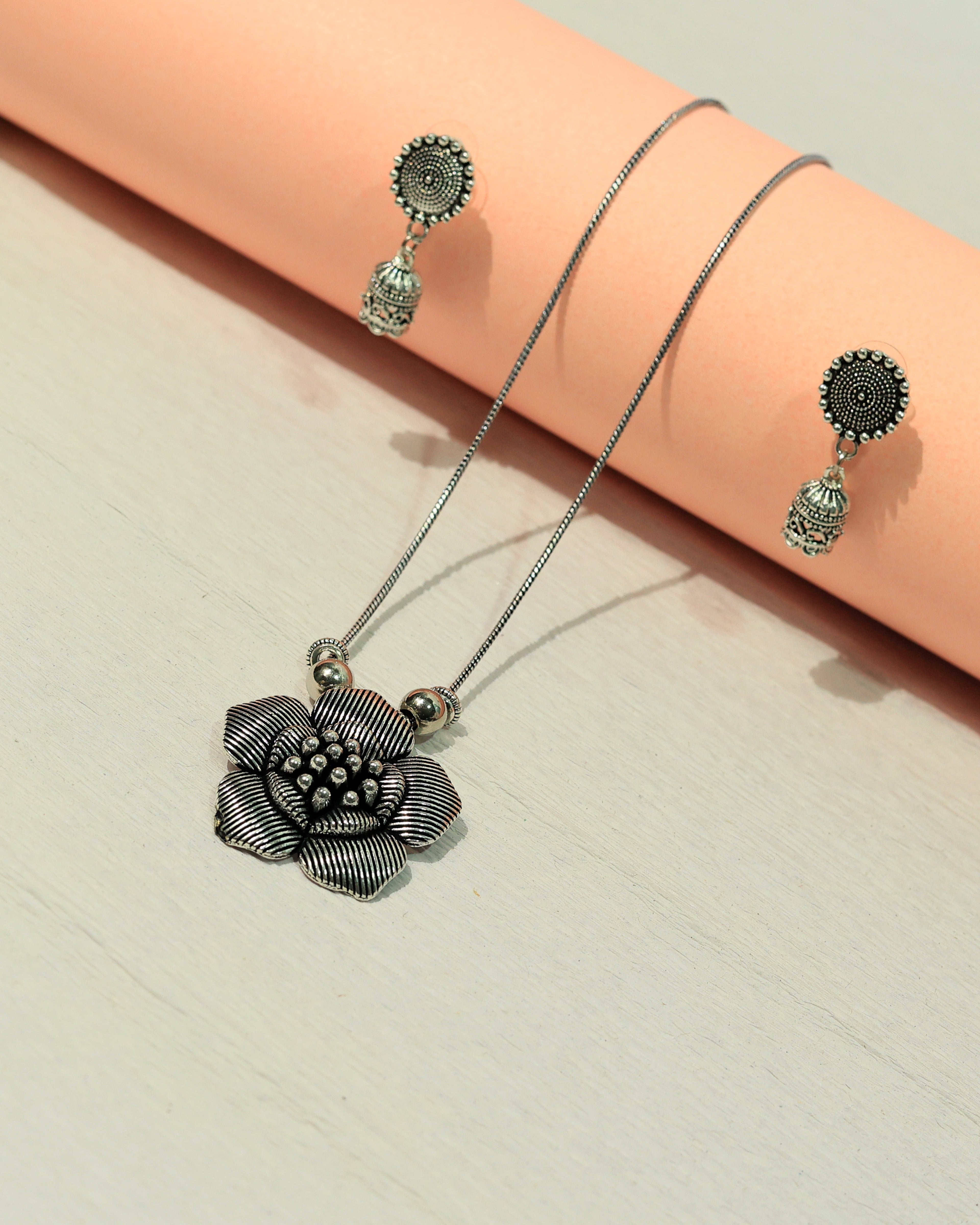 Oxidized Silver Textured Floral Necklace & Earring Set
