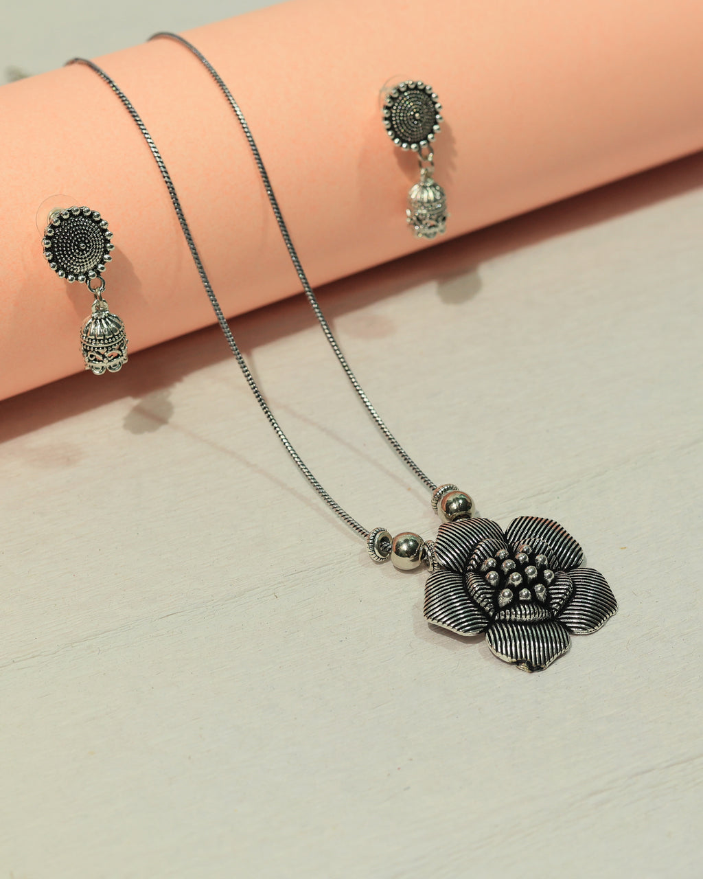 Oxidized Silver Textured Floral Necklace & Earring Set