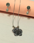 Oxidized Silver Textured Floral Necklace & Earring Set