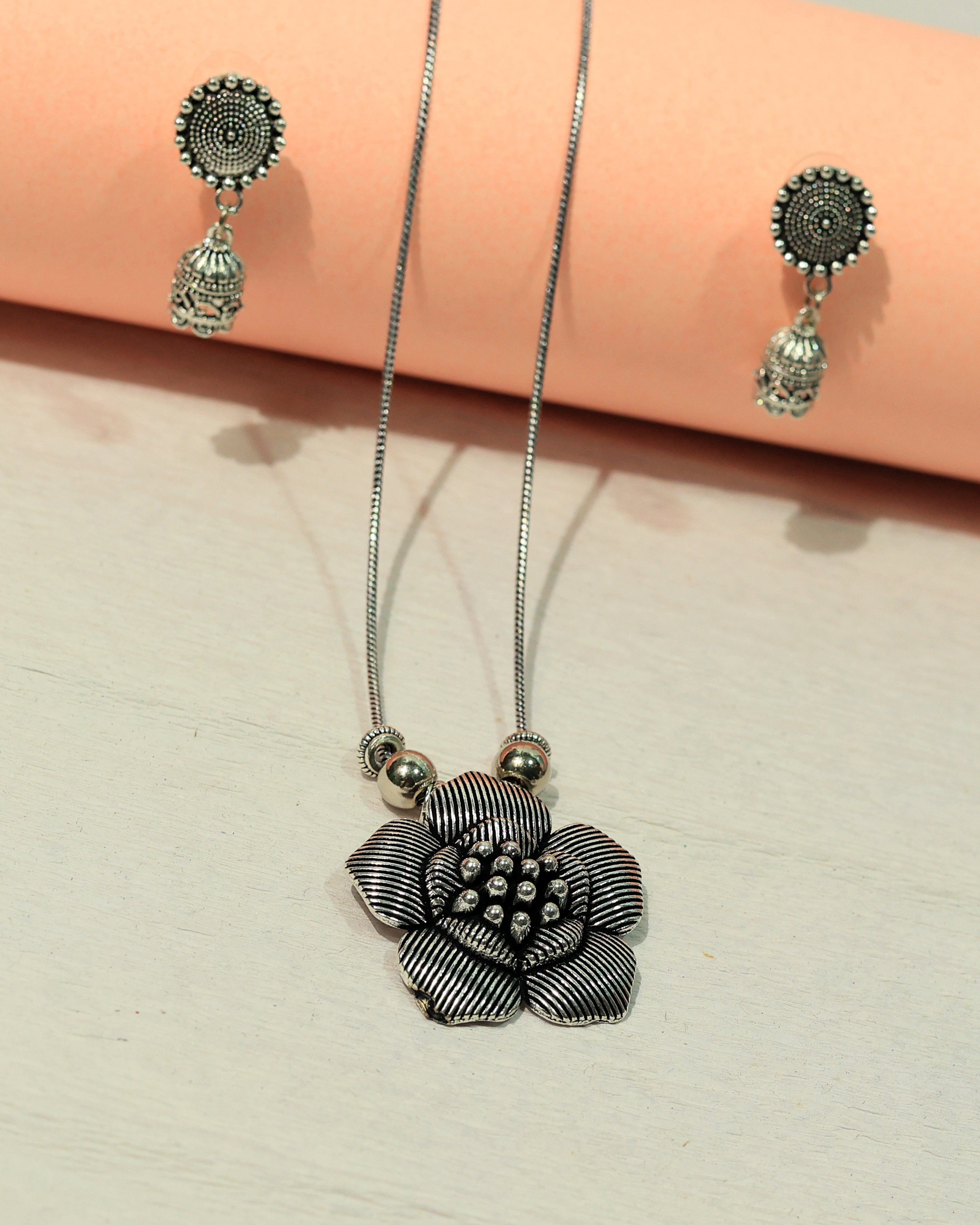 Oxidized Silver Textured Floral Necklace & Earring Set