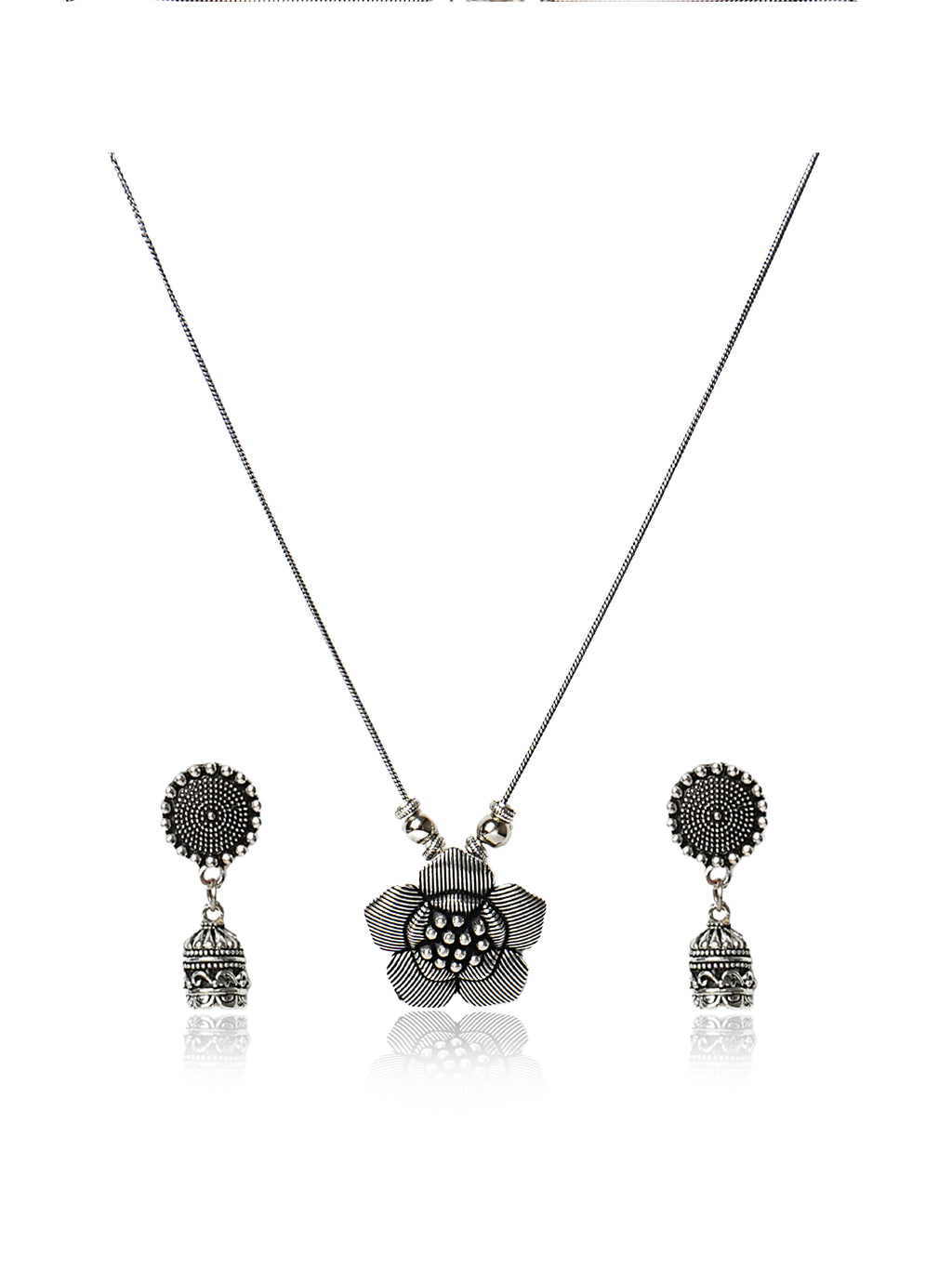 Oxidised silver textured floral necklace and earring set