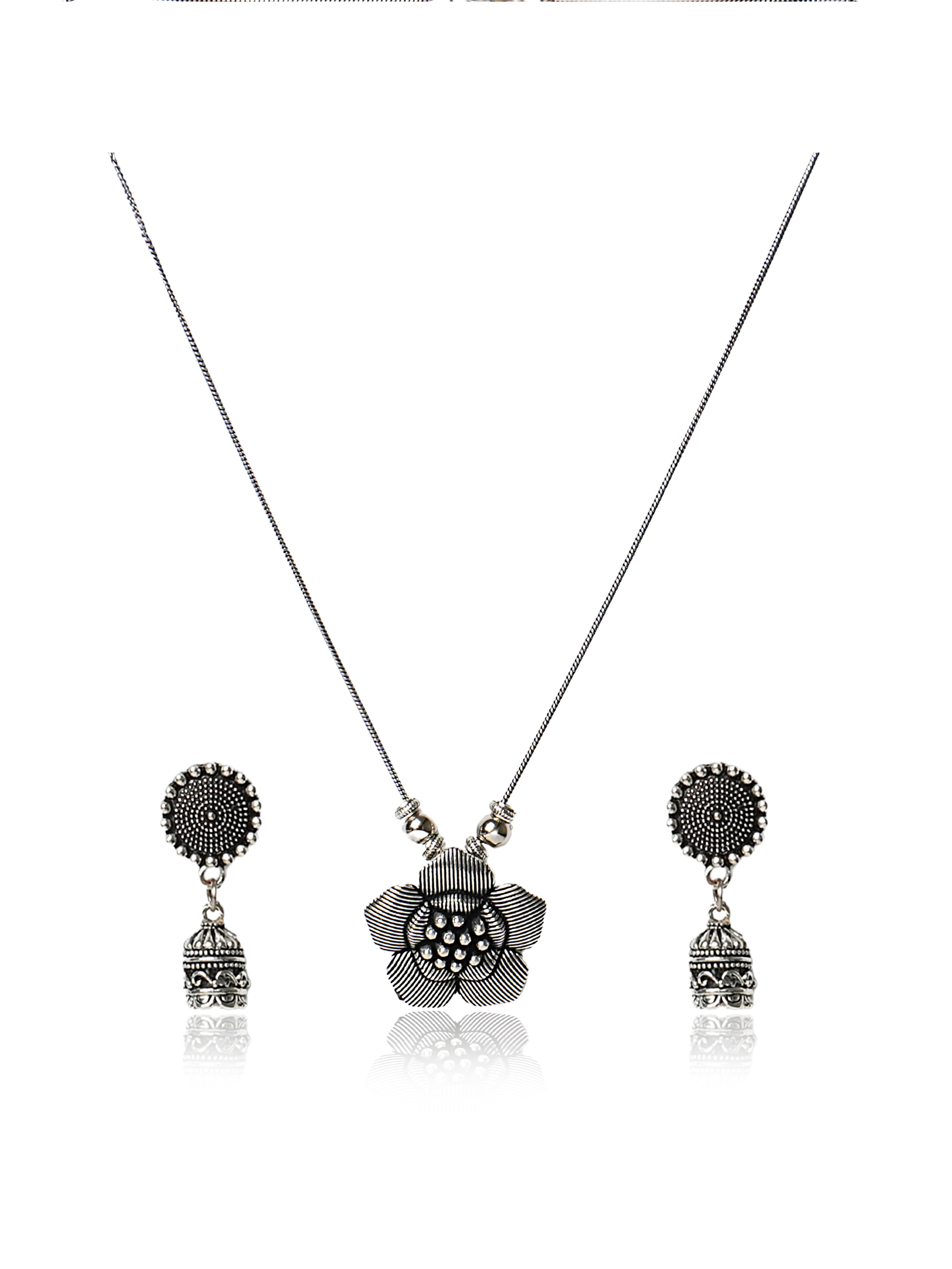 Oxidised silver textured floral necklace and earring set