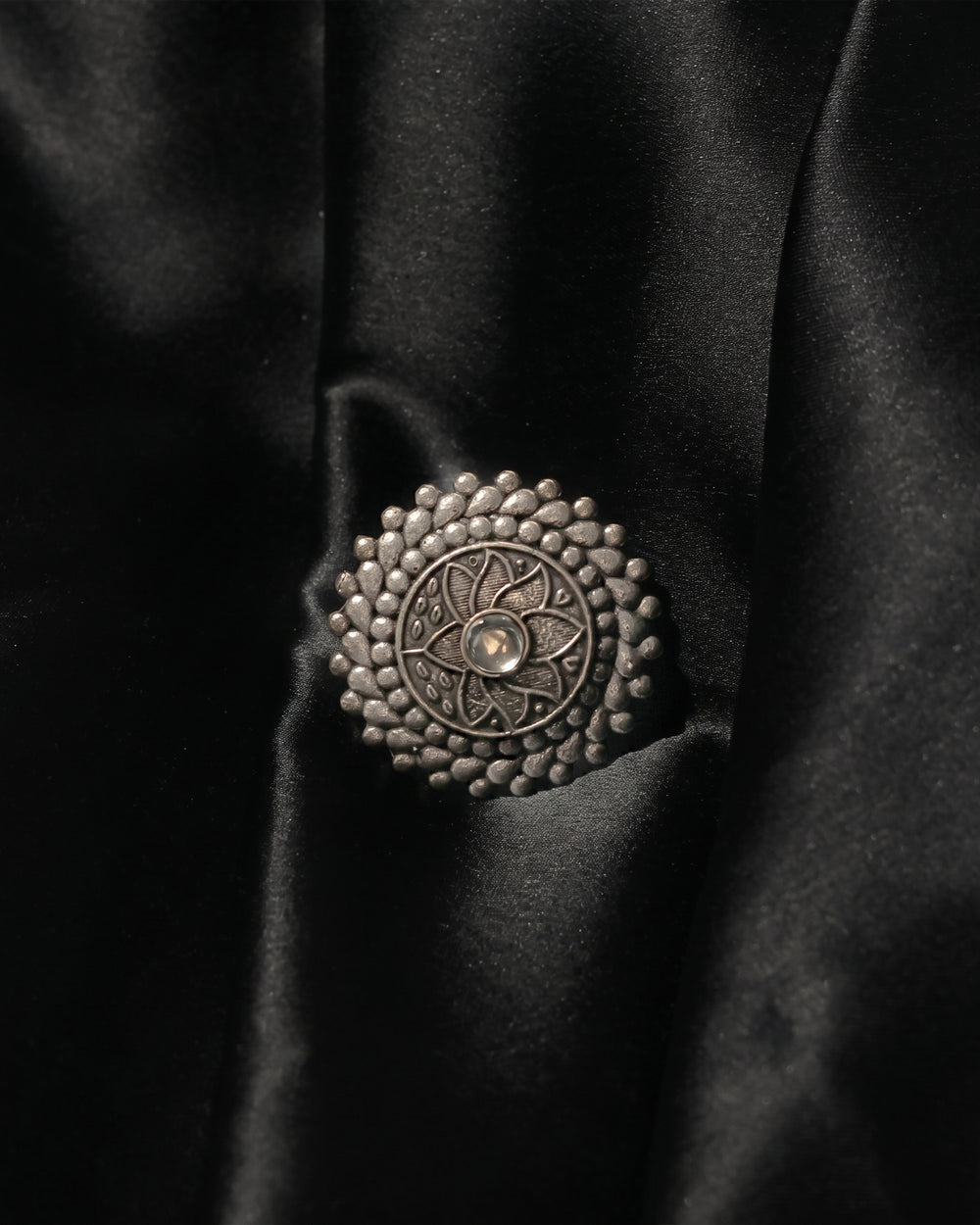 Lotus Mandala Oxidised Statement Ring