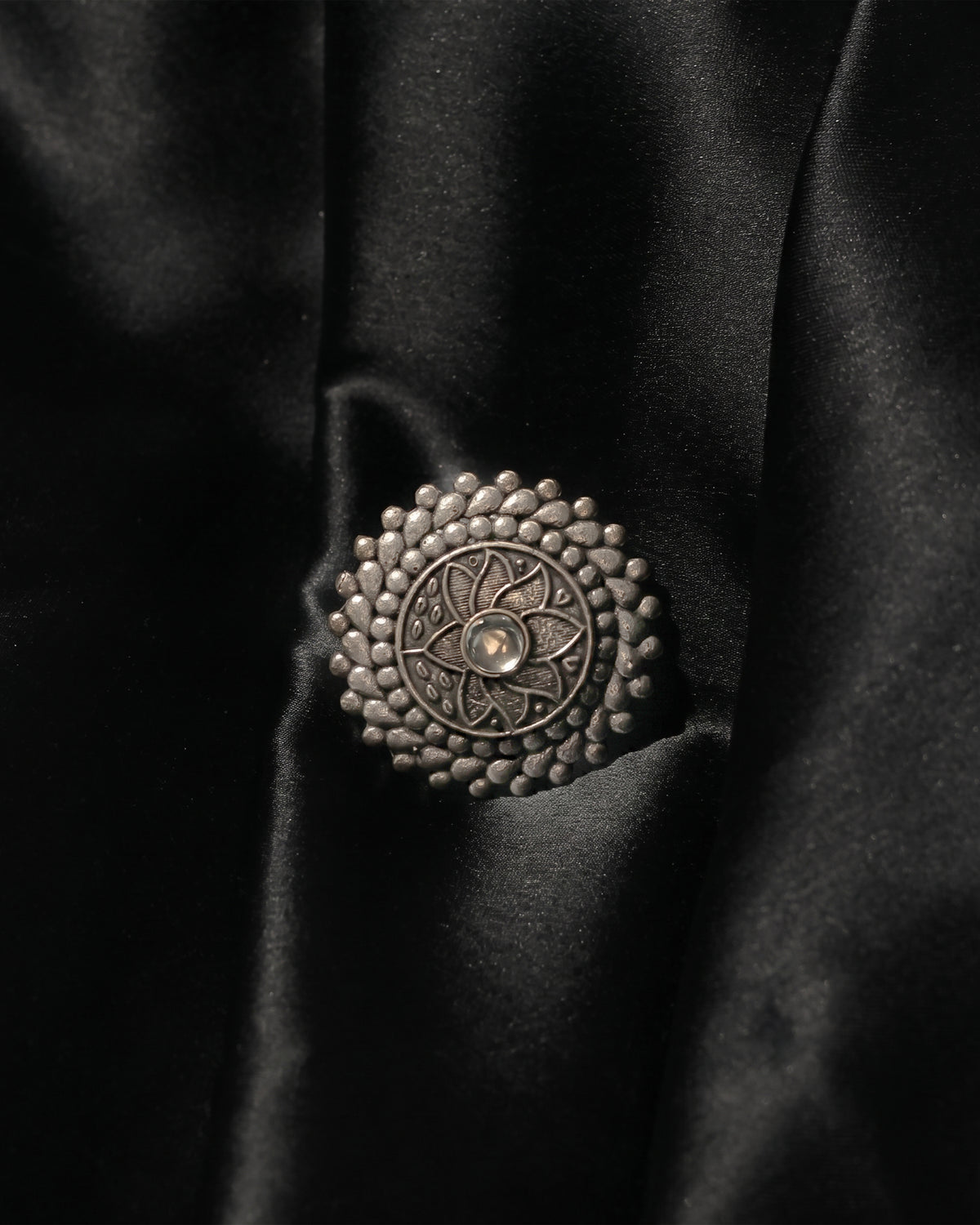 Lotus Mandala Oxidised Statement Ring