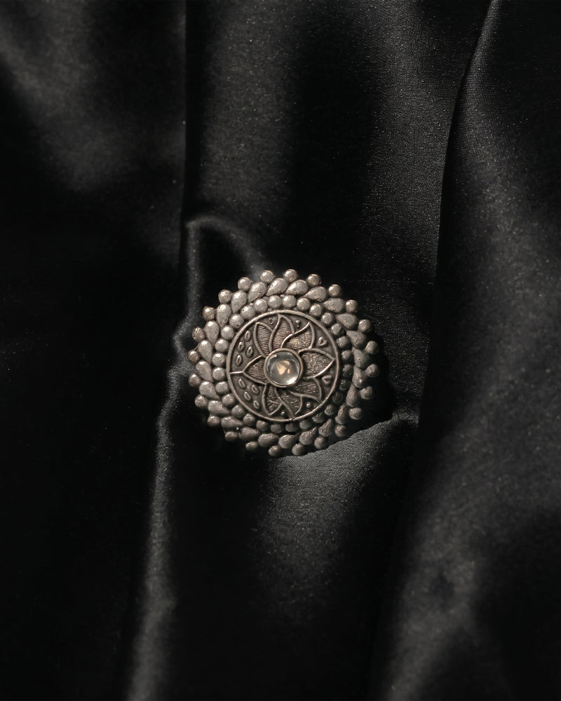Lotus Mandala Oxidised Statement Ring