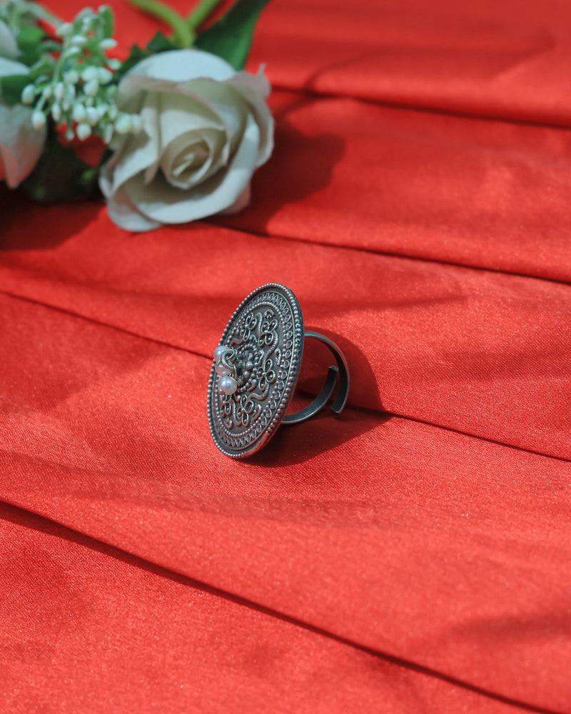 Floral Coin Oxidised Statement Ring