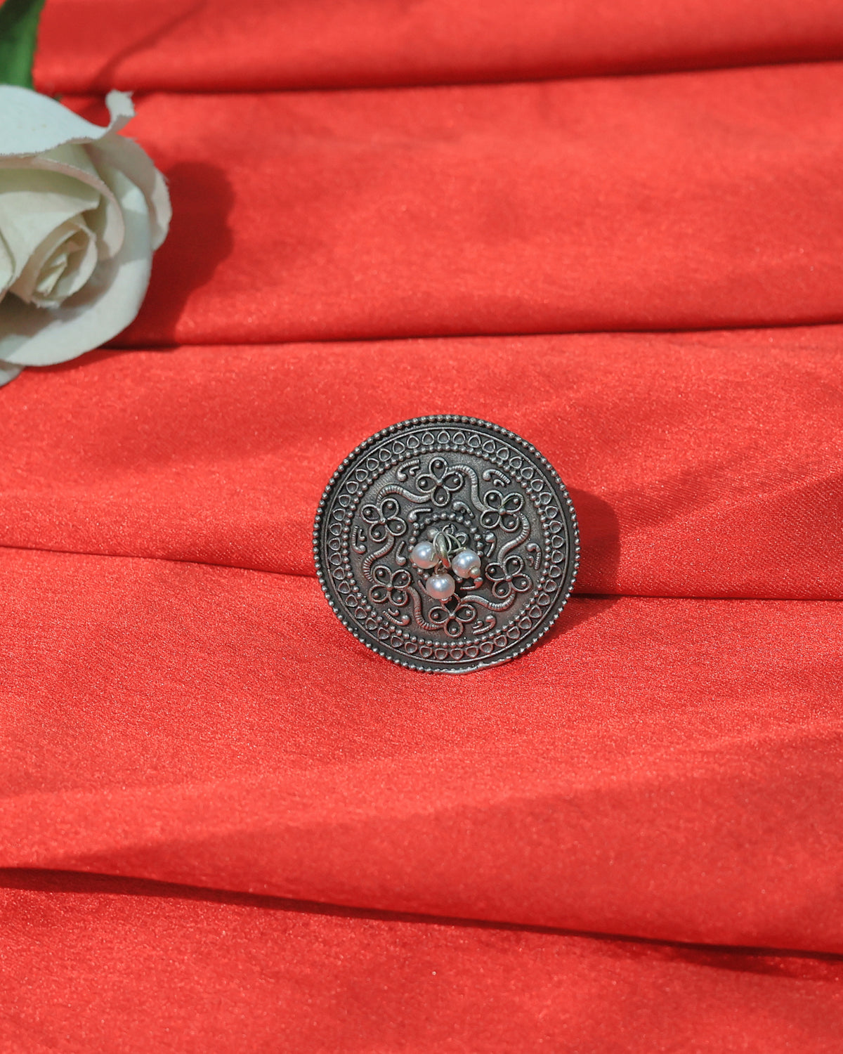 Floral Coin Oxidised Statement Ring