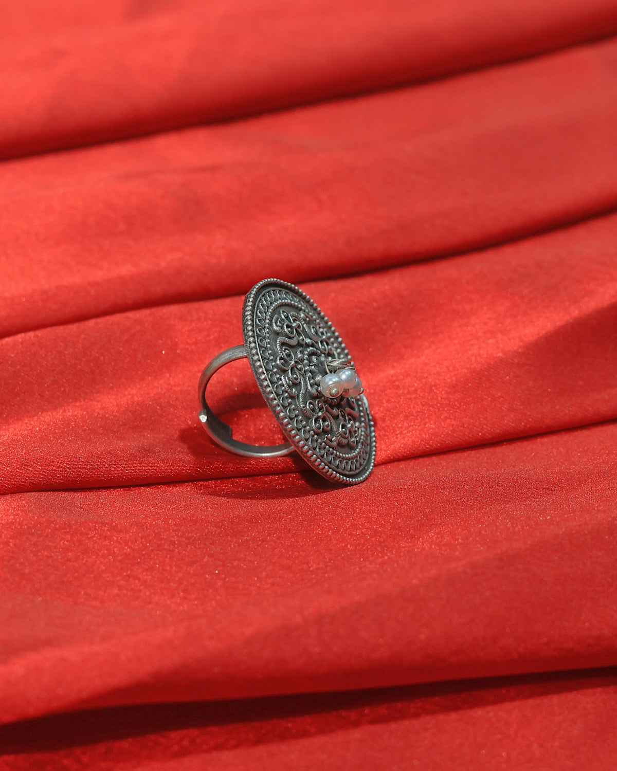 Floral Coin Oxidised Statement Ring