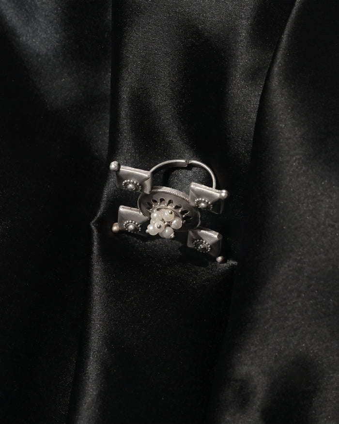 Four Petal Pearl Oxidised Ring