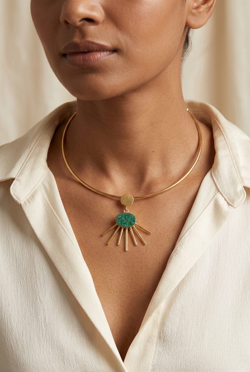 Gold-Tone Green Stone Sunburst Pendant Necklace